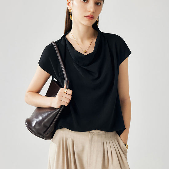 COMOBOCA 100% Mulberry Silk Women's Draped Cowl Neck Blouse