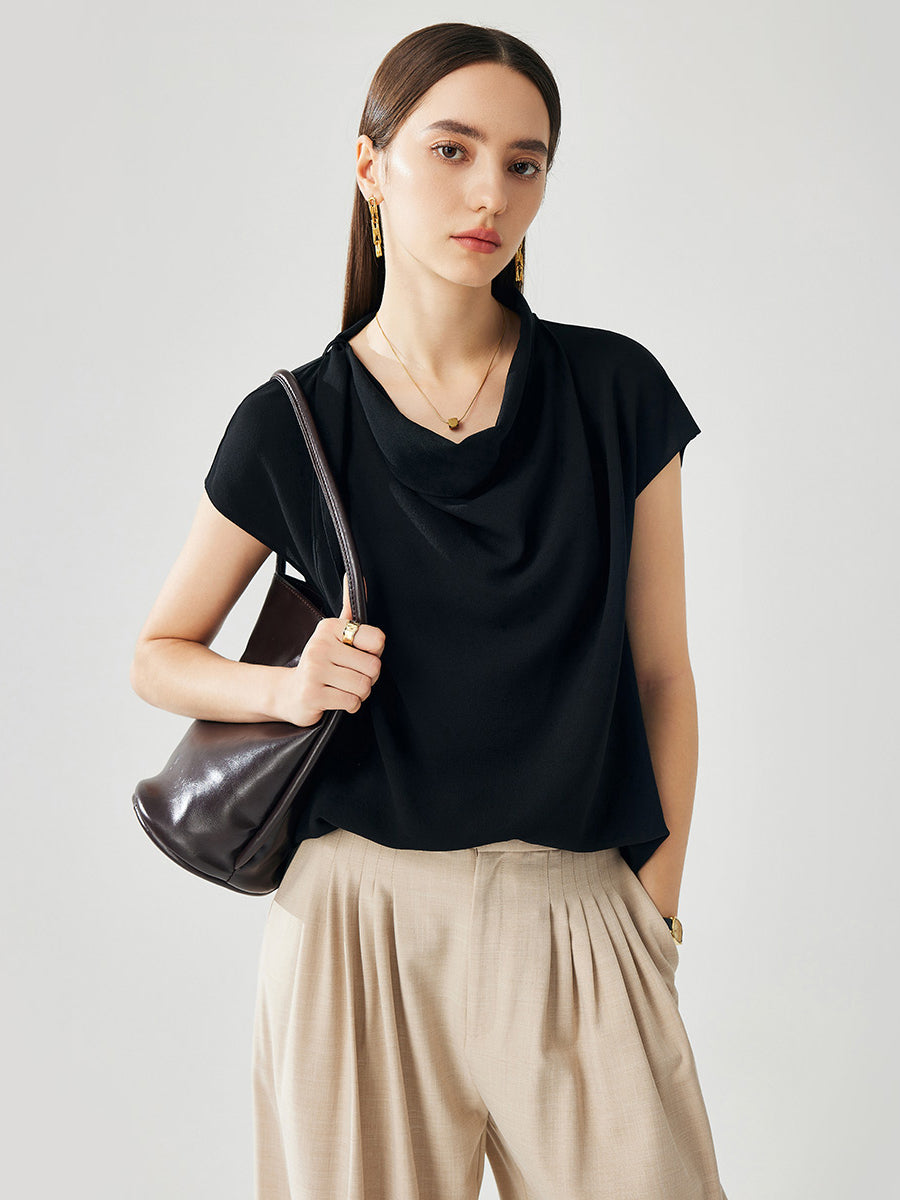 COMOBOCA 100% Mulberry Silk Women's Draped Cowl Neck Blouse