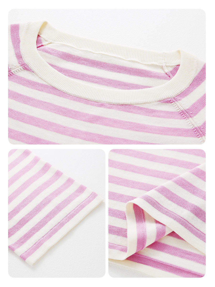 COMOBOCA Women's Striped Embroidered Pocket Knit T-Shirt