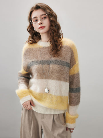 COMOBOCA Yellow Women's Mohair Striped Round Neck Sweater