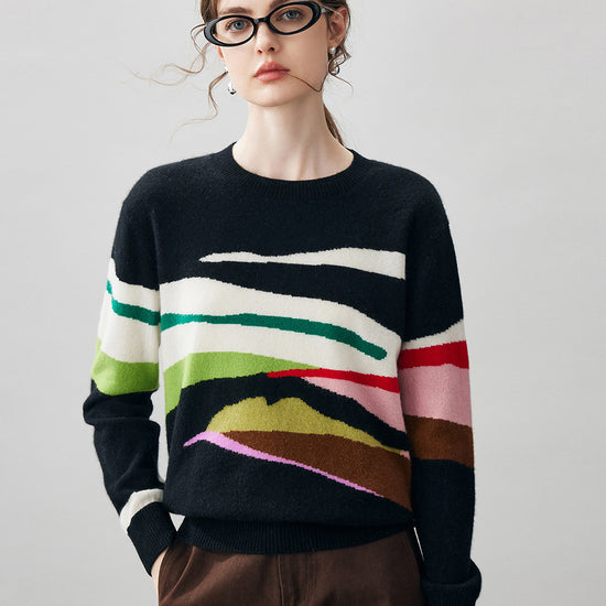 COMOBOCA Multicolor 100% Cashmere Women's Abstract Pattern Round Neck Sweater