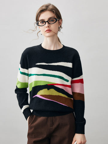 COMOBOCA Multicolor 100% Cashmere Women's Abstract Pattern Round Neck Sweater