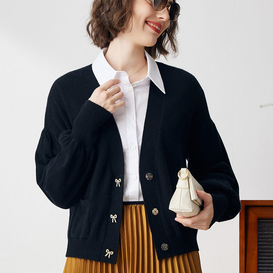 COMOBOCA 100% Cashmere Women's Puff Sleeve Knit Cardigan