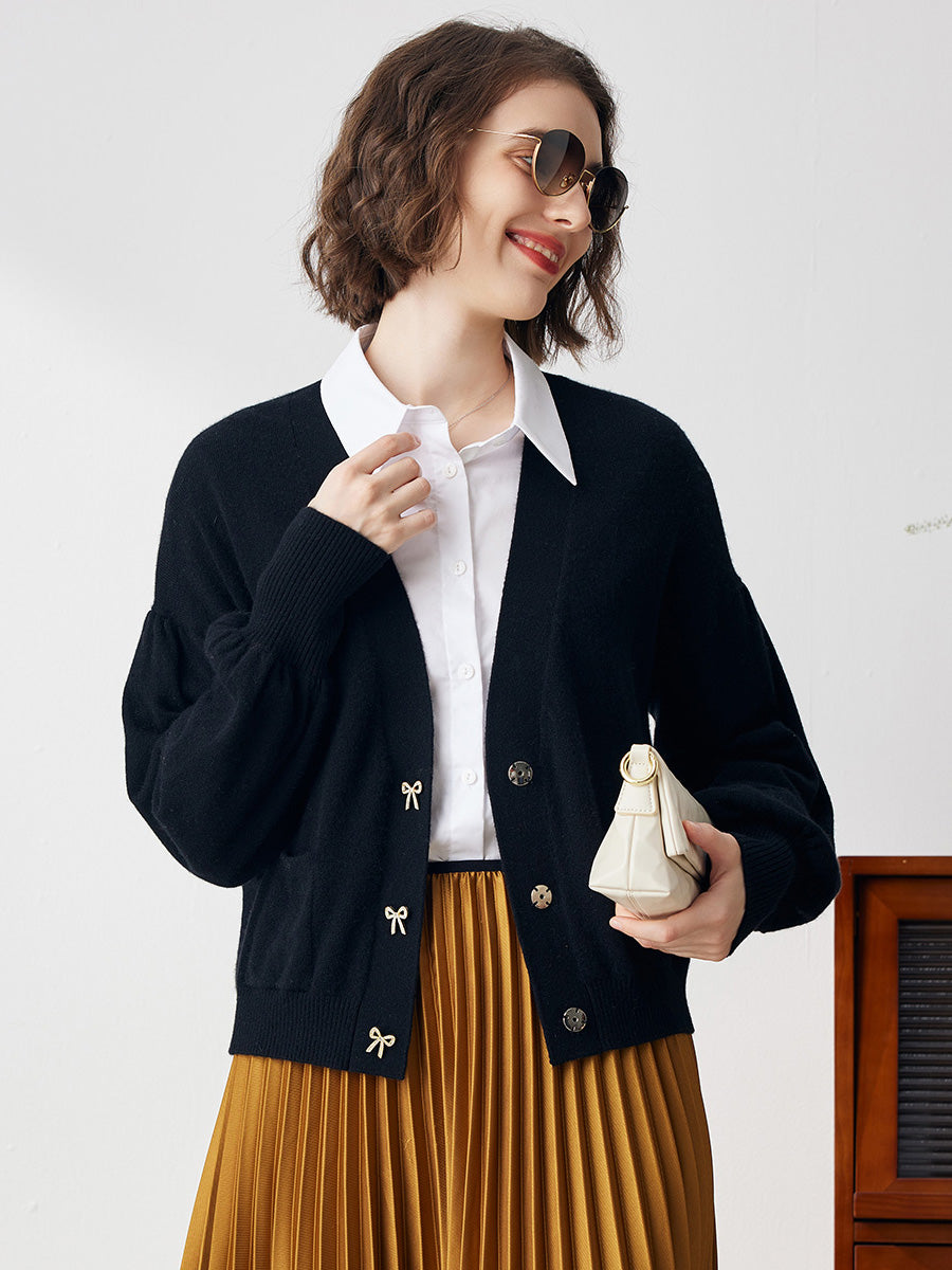 COMOBOCA 100% Cashmere Women's Puff Sleeve Knit Cardigan