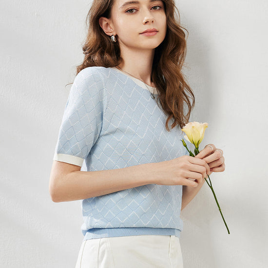 COMOBOCA Women's Diamond Knit Short Sleeve Sweater