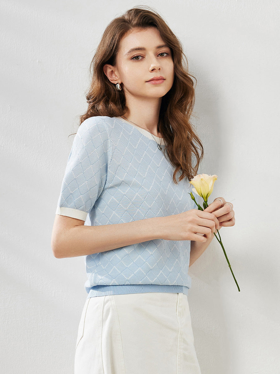 COMOBOCA Women's Diamond Knit Short Sleeve Sweater