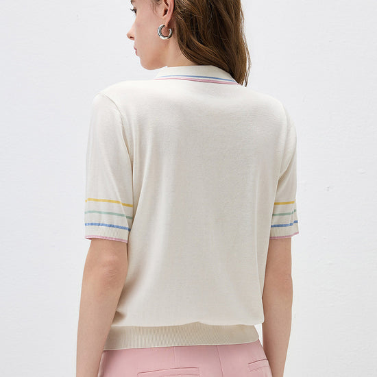 COMOBOCA Women's Knit Polo Top with Rainbow Stripes