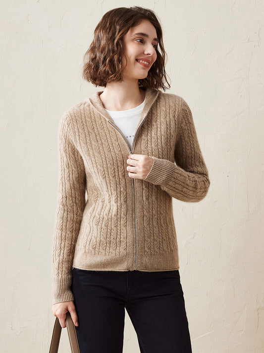 COMOBOCA Camel 100% Cashmere Women's Cardigan Cable Knit Hoodie