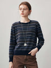 COMOBOCA Navy Blue 100% Cashmere Women's Fair Isle Round Neck Sweater