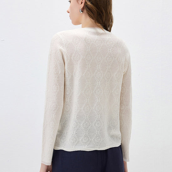 COMOBOCA Women's Textured Sheer Knit Round Neck Sweater