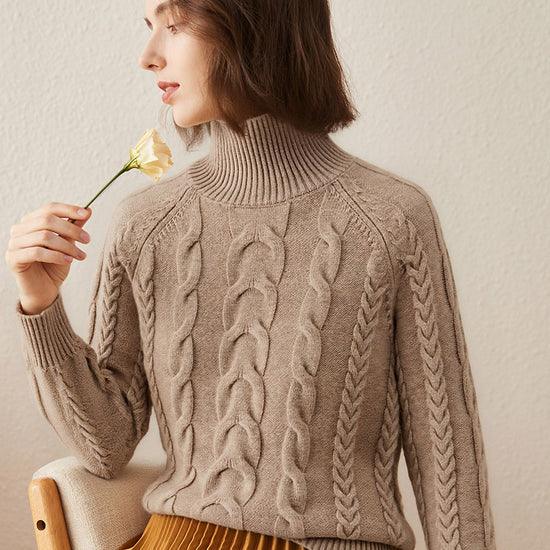 COMOBOCA 100% Cashmere Women's Turtleneck Cable Knit Sweater