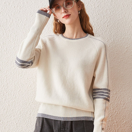 COMOBOCA White 100% Cashmere Women's Striped Sleeve Round Neck Sweater