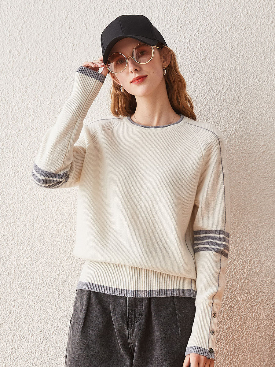 COMOBOCA White 100% Cashmere Women's Striped Sleeve Round Neck Sweater