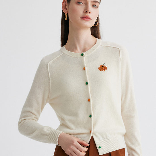 COMOBOCA Beige 100% Cashmere Women's Pumpkin Embroidery Knit Cardigan