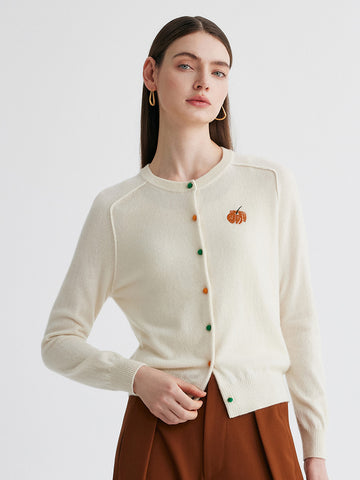 COMOBOCA Beige 100% Cashmere Women's Pumpkin Embroidery Knit Cardigan