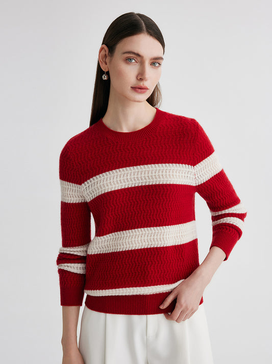 COMOBOCA Striped 100% Cashmere Women's Striped Round Neck Sweater