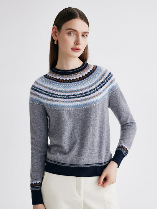 COMOBOCA Light Gray 100% Cashmere Women's Fair Isle Round Neck Sweater