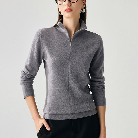 COMOBOCA Gray 100% Cashmere Women's Half-Zip Mock Neck Pullover Sweater