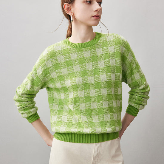 COMOBOCA 100% Cashmere Women's Checkered Round Neck Sweater