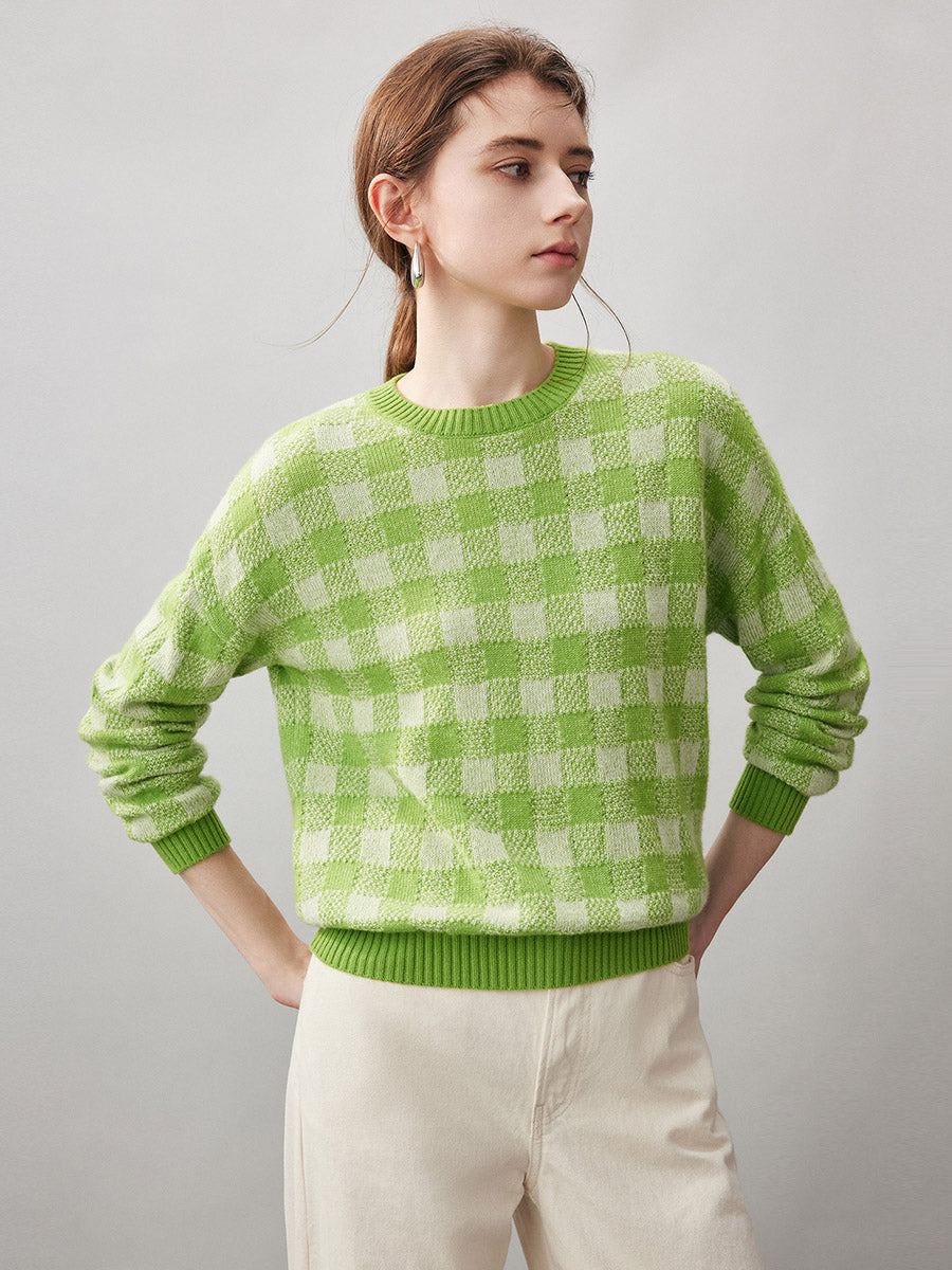 COMOBOCA 100% Cashmere Women's Checkered Round Neck Sweater