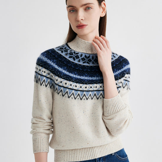 COMOBOCA 100% Cashmere Women's Fair Isle Mock Neck Sweater