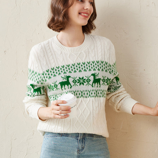 COMOBOCA White 100% Cashmere Women's Cozy Reindeer Fair Isle Knit Sweater
