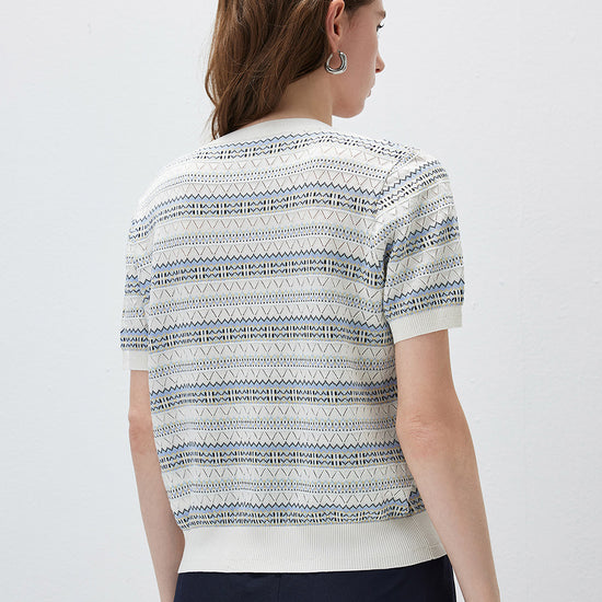 COMOBOCA Women's Fair Isle Semi Sheer Knit T-Shirt