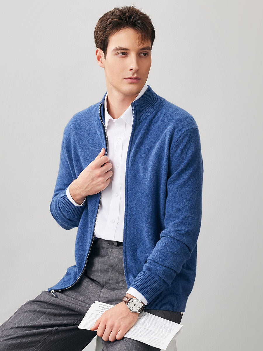 COMOBOCA 100% Cashmere Men's Full Zip Mock Neck Knit Cardigan