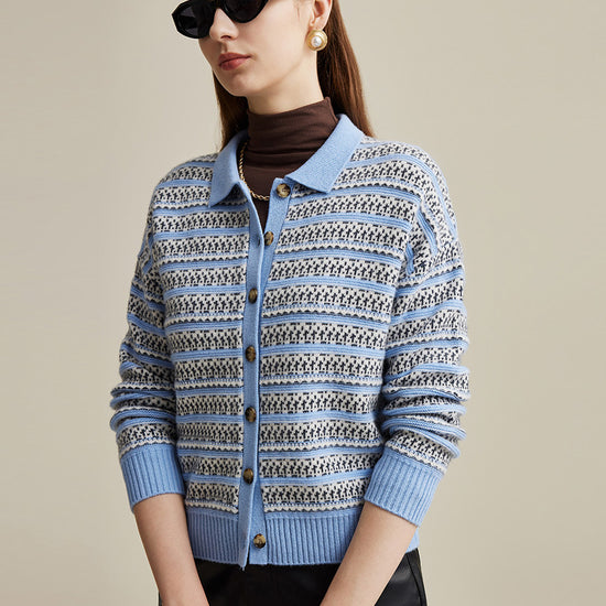 COMOBOCA 100% Wool Women's Vintage Inspired Striped Knit Cardigan