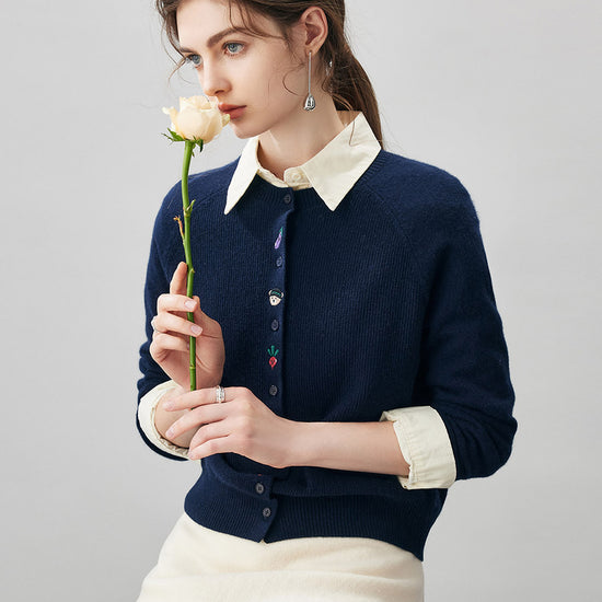 COMOBOCA 100% Cashmere Women's Embroidered Button-Front Cardigan