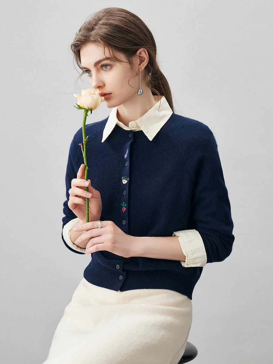 COMOBOCA 100% Cashmere Women's Embroidered Button-Front Cardigan