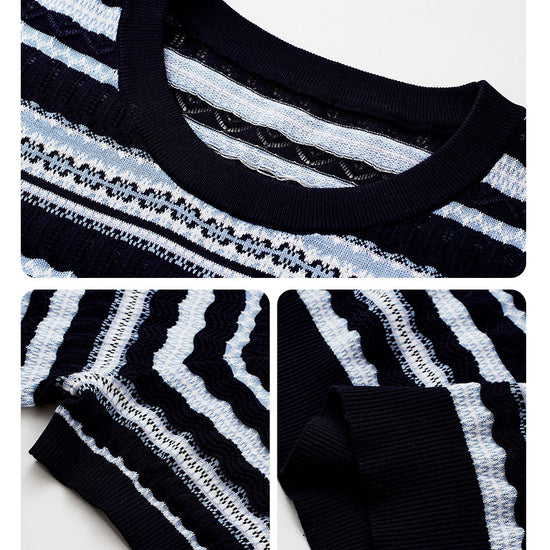 COMOBOCA Women's Mixed Stitch Striped Semi Sheer Knit T-Shirt