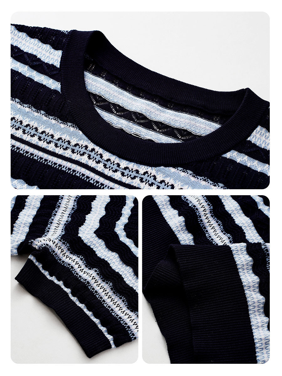COMOBOCA Women's Mixed Stitch Striped Semi Sheer Knit T-Shirt
