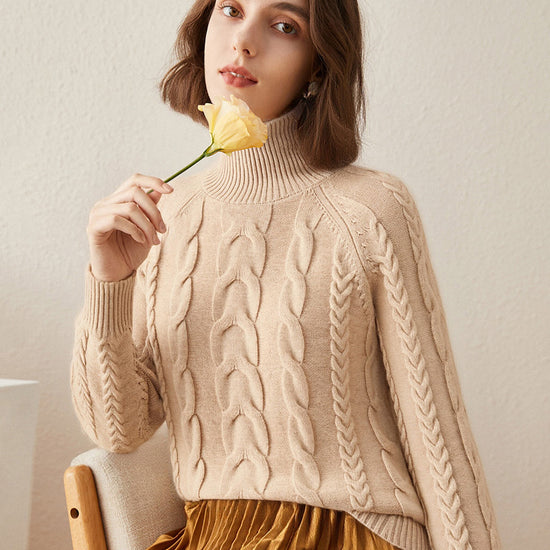 COMOBOCA 100% Cashmere Women's Turtleneck Cable Knit Sweater