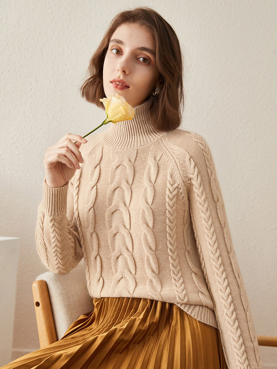 COMOBOCA 100% Cashmere Women's Turtleneck Cable Knit Sweater