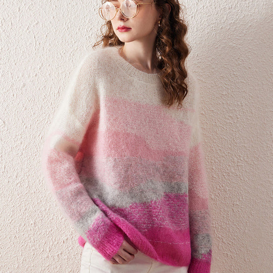 COMOBOCA Women's Mohair Crew Neck Gradient Knit Sweater
