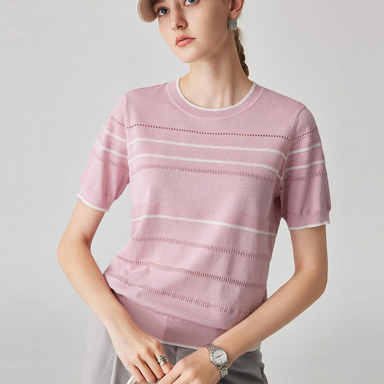 COMOBOCA Light Pink Women's Relaxed Fit Striped Knit T-Shirt