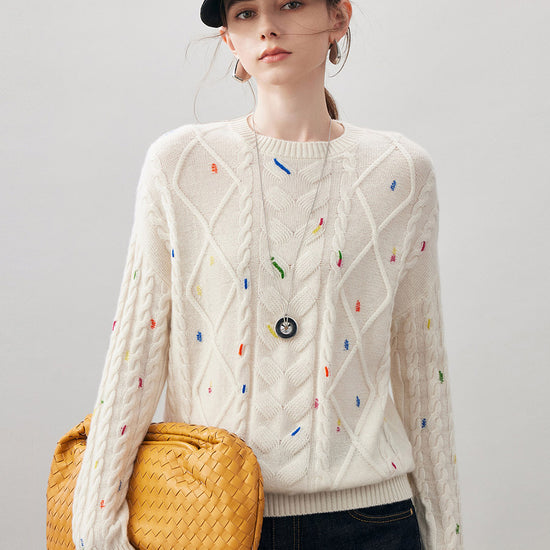 COMOBOCA Cloudy 100% Cashmere Women's Cable Knit Colorful Accents Sweater