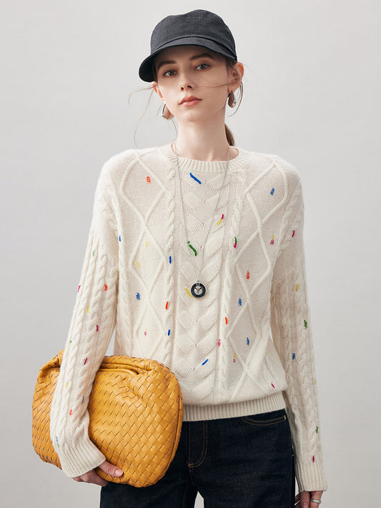 COMOBOCA Cloudy 100% Cashmere Women's Cable Knit Colorful Accents Sweater