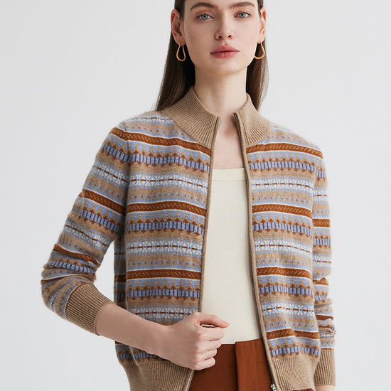COMOBOCA 100% Cashmere Women's Fair Isle Double Zip Cardigan