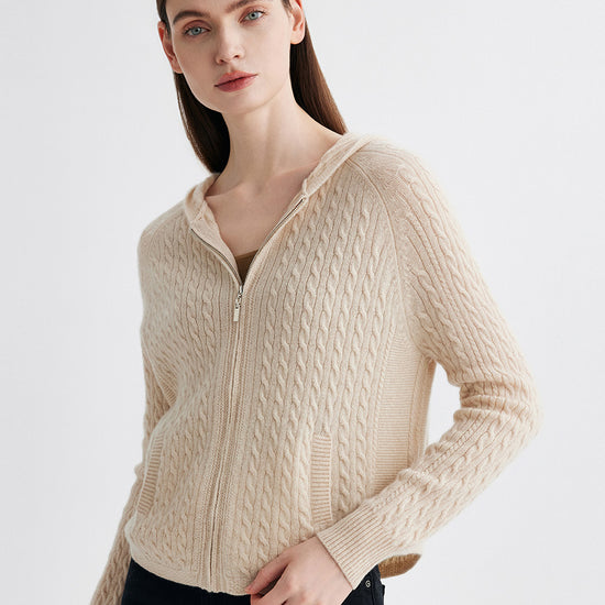 COMOBOCA 100% Cashmere Women's Cable Knit Zip Up Hoodie
