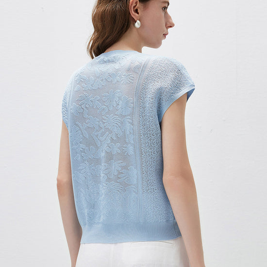 COMOBOCA Women's Semi Sheer Cap Sleeves Knit T-Shirt