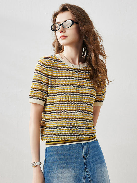 COMOBOCA Women's Striped Short Sleeve Knit Sweater