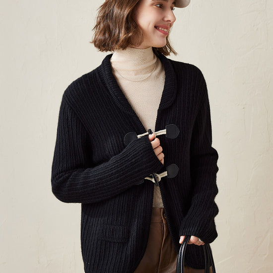 COMOBOCA Black 100% Cashmere Women's Toggle Closure Knit Cardigan