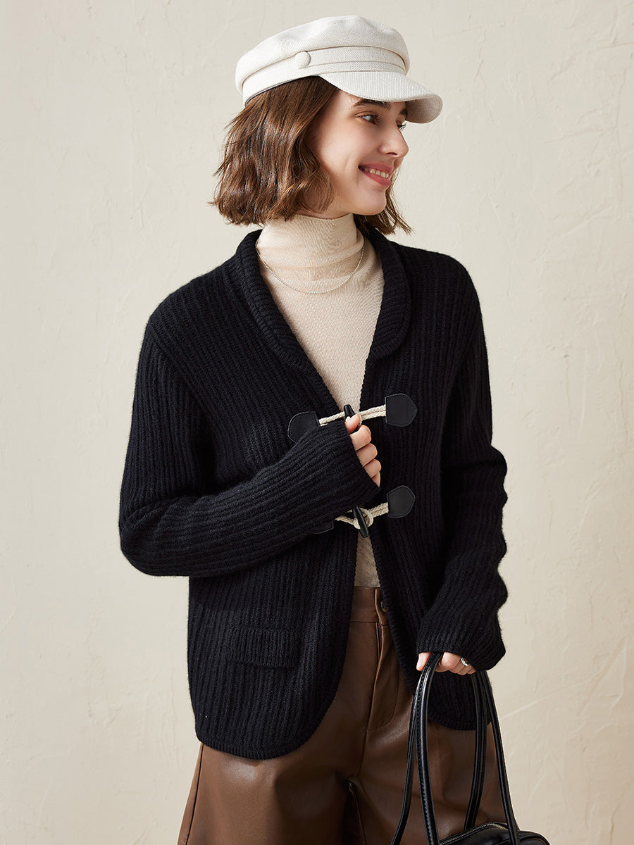 COMOBOCA Black 100% Cashmere Women's Toggle Closure Knit Cardigan