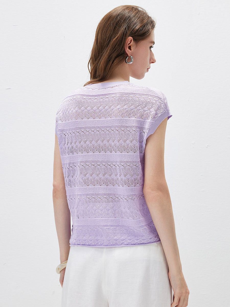 COMOBOCA Women's Openwork Striped Sleeveless Knit T-Shirt