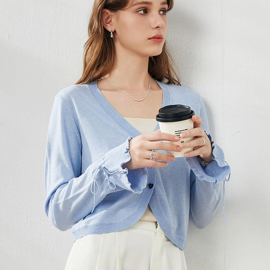 COMOBOCA Women's Heart Button Cropped Ruffle Bell Cardigan