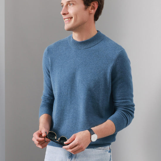 COMOBOCA SKY BLUE 100% Cashmere Men's Mock Neck Knit Sweater
