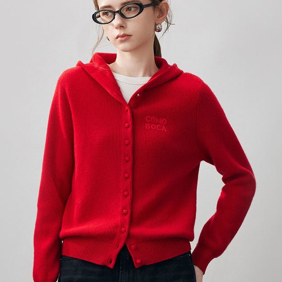 COMOBOCA Red 100% Cashmere Women's Button Up Knit Hoodie