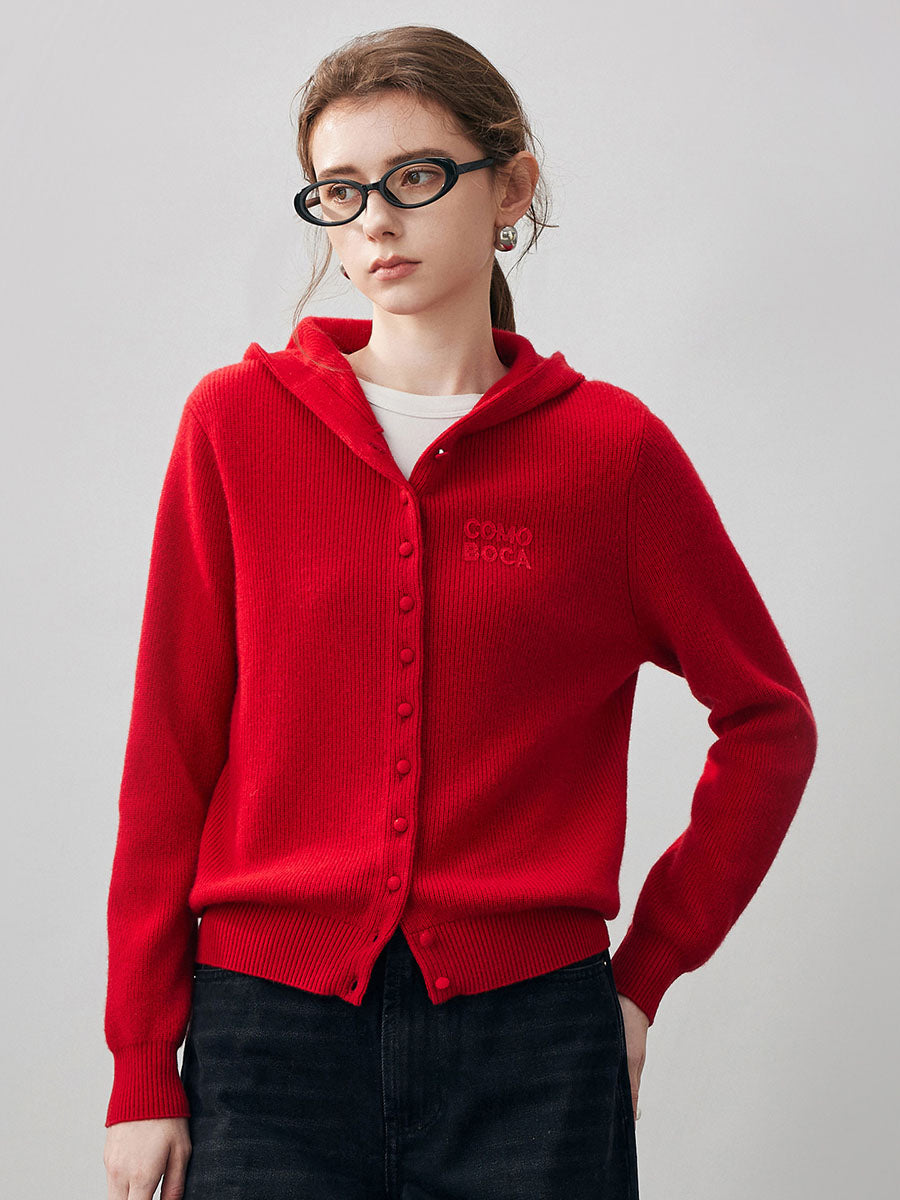COMOBOCA Red 100% Cashmere Women's Button Up Knit Hoodie